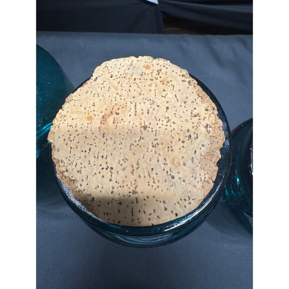 Set of 3 Vintage Teal Glass Jars with Original Cork Stoppers–6.5", 7.5", 8" Tall - Picture 9 of 12